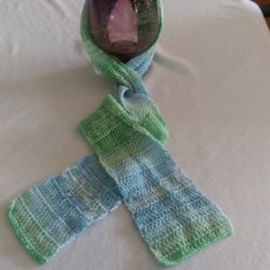 Handmade Scarf. 76"x6". Variegated Green, Blue & White.